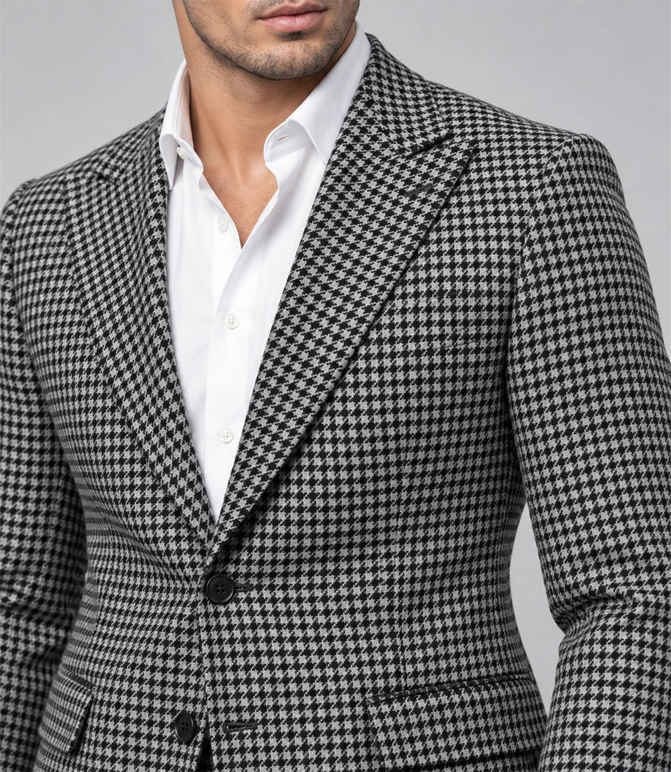 Men's Houndstooth Wool Blend 2 Piece Suit Closeup - Suit Heritage