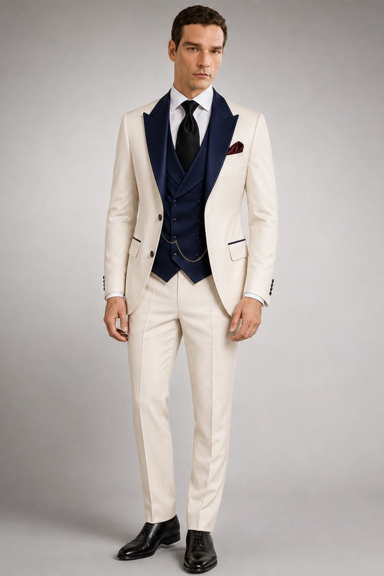 Men's Ivory And Navy Groom Wedding Suit - Suit Heritage