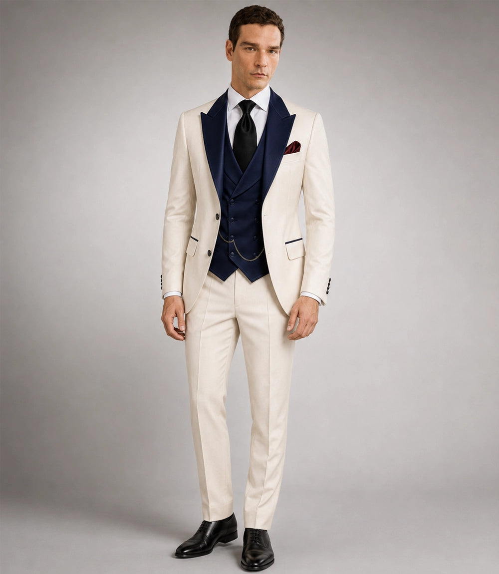 Men's Ivory And Navy Groom Wedding Suit - Suit Heritage
