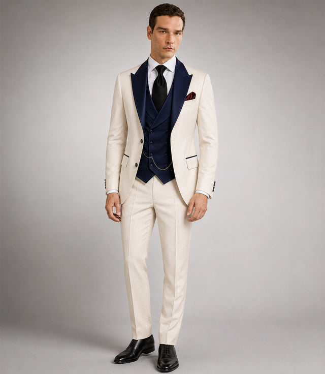 Men's Ivory And Navy Groom Wedding Suit - Suit Heritage