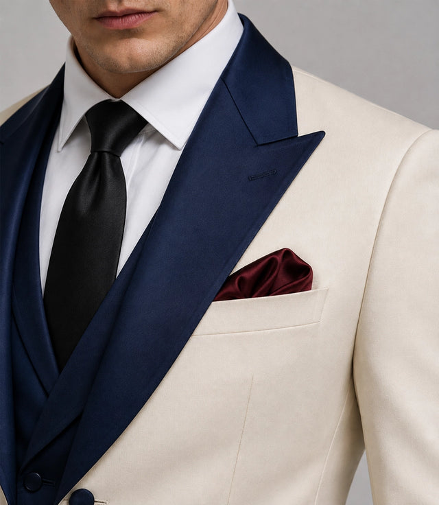 Men's Ivory And Navy Groom Wedding Suit Closeup - Suit Heritage