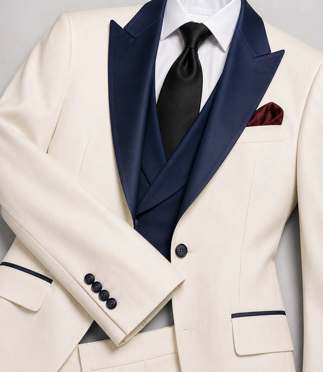 Men's Ivory And Navy Groom Wedding Suit Fabric - Suit Heritage