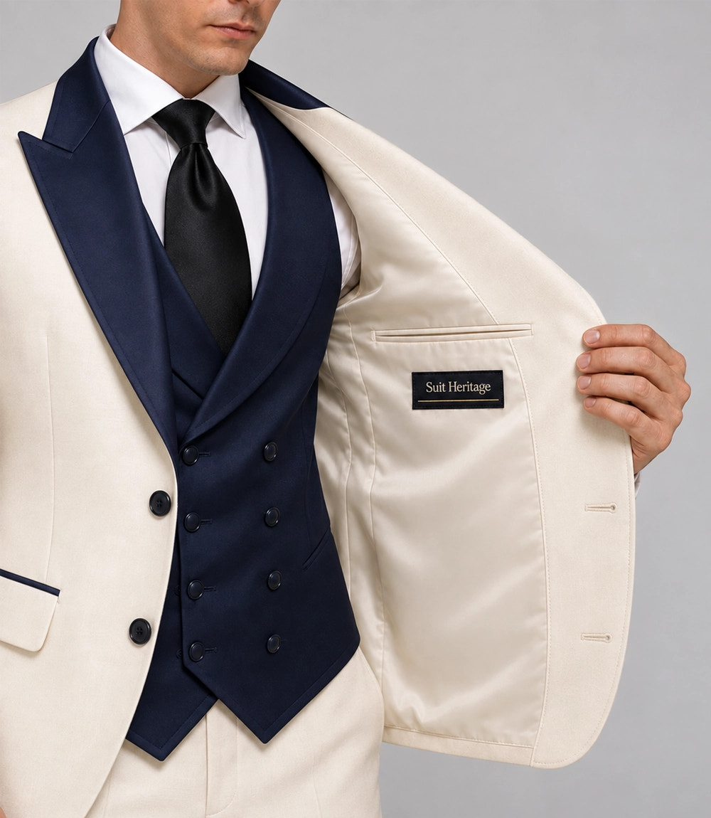 Men's Ivory And Navy Groom Wedding Suit Inner - Suit Heritage