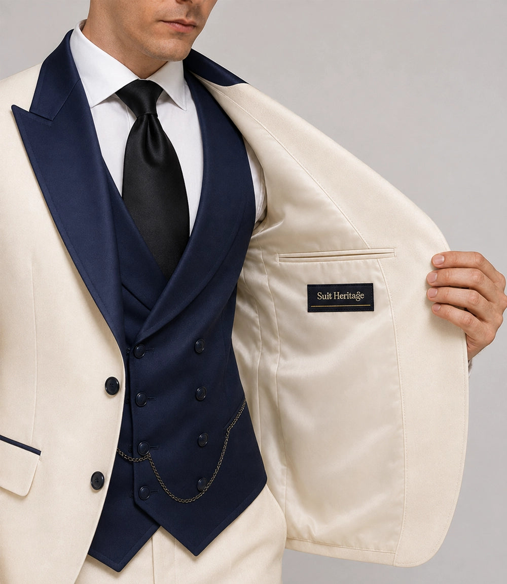 Men's Ivory And Navy Groom Wedding Suit Inner - Suit Heritage