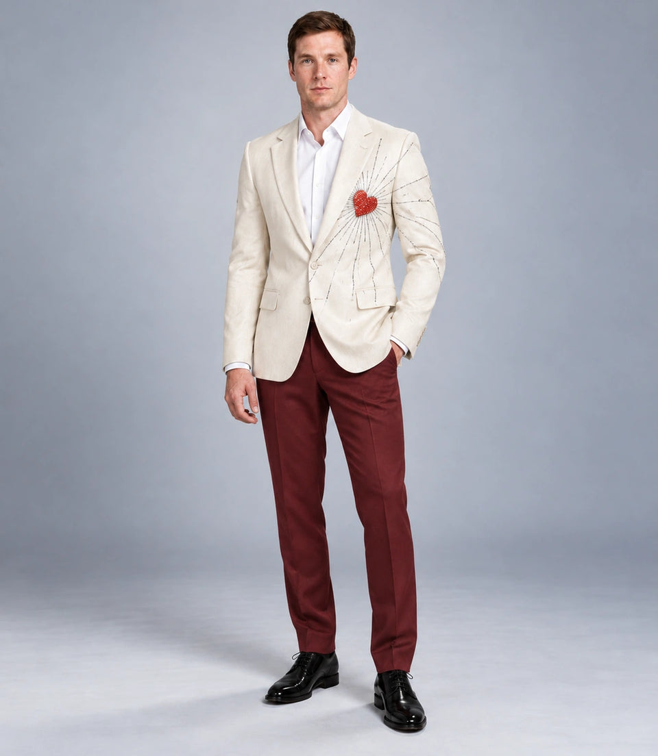 Men's Ivory Heart Embroidered Party Suit -  Suit Heritage
