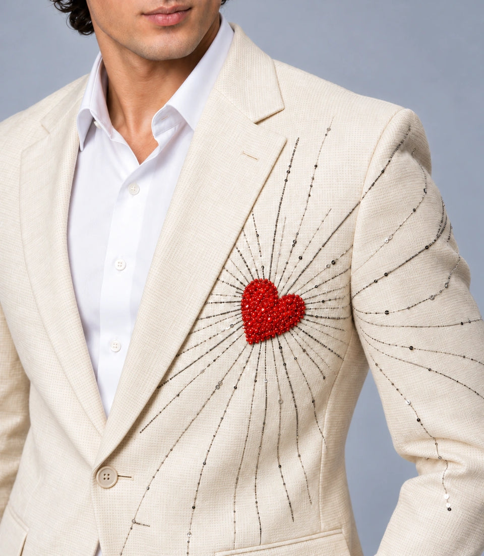 Men's Ivory Heart Embroidered Party Suit Closeup  -  Suit Heritage