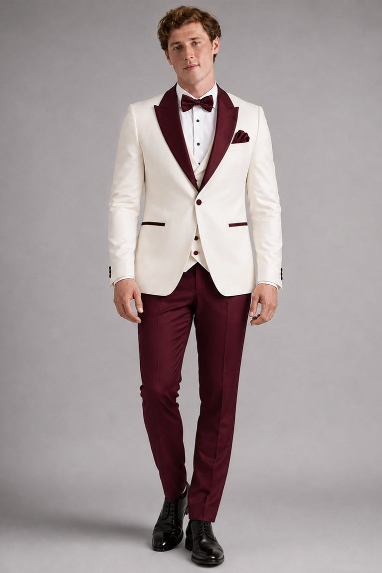 Men's Ivory and Burgundy 3 Piece Wedding Tuxedo - Suit Heritage