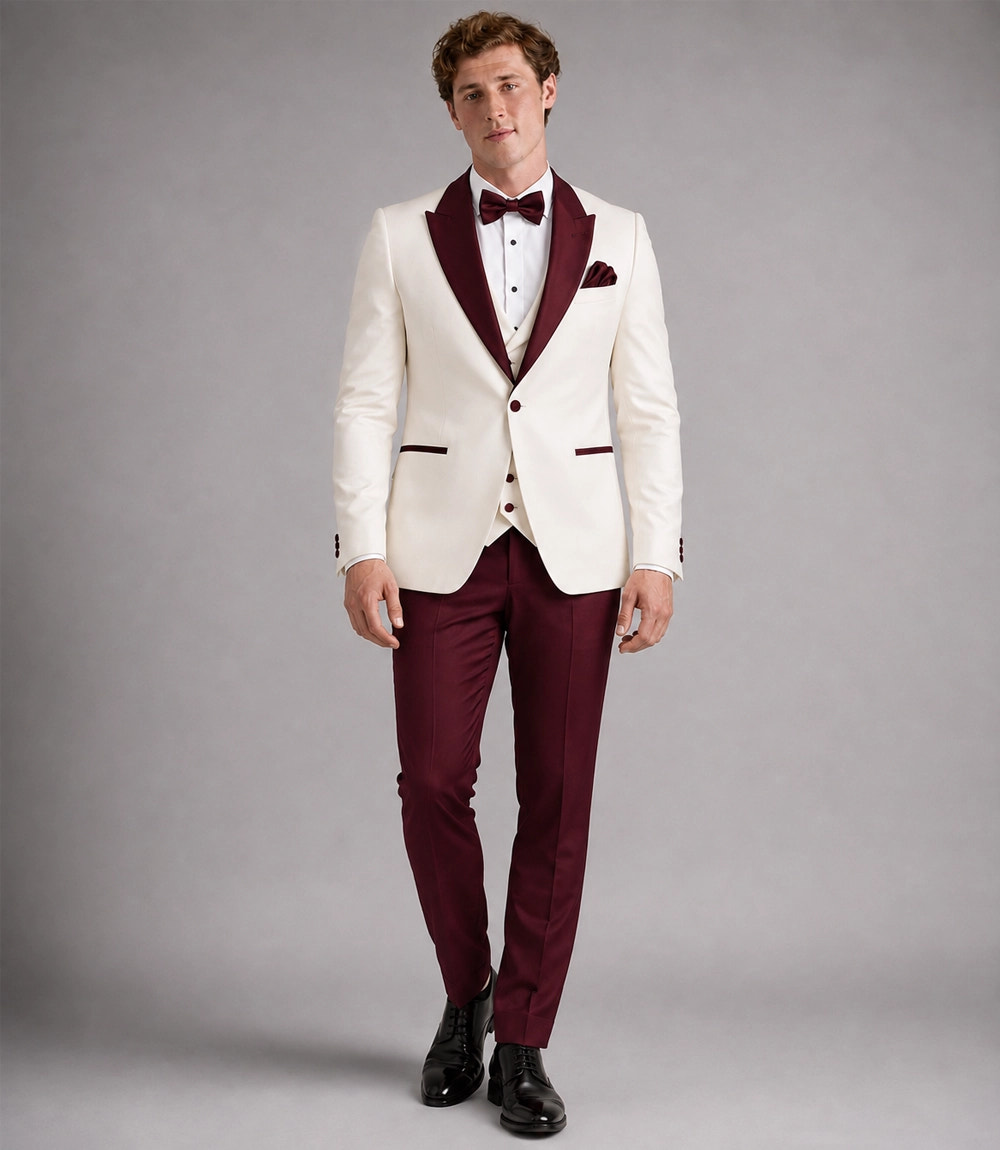 Men's Ivory and Burgundy 3 Piece Wedding Tuxedo - Suit Heritage