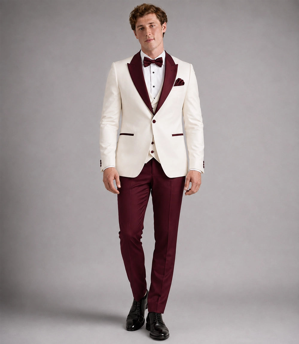 Men's Ivory and Burgundy 3 Piece Wedding Tuxedo - Suit Heritage