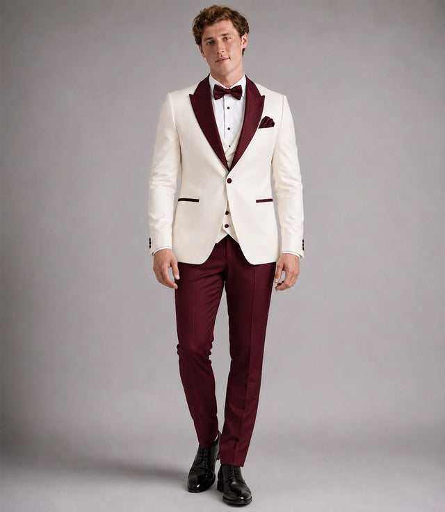 Men's Ivory and Burgundy 3 Piece Wedding Tuxedo - Suit Heritage