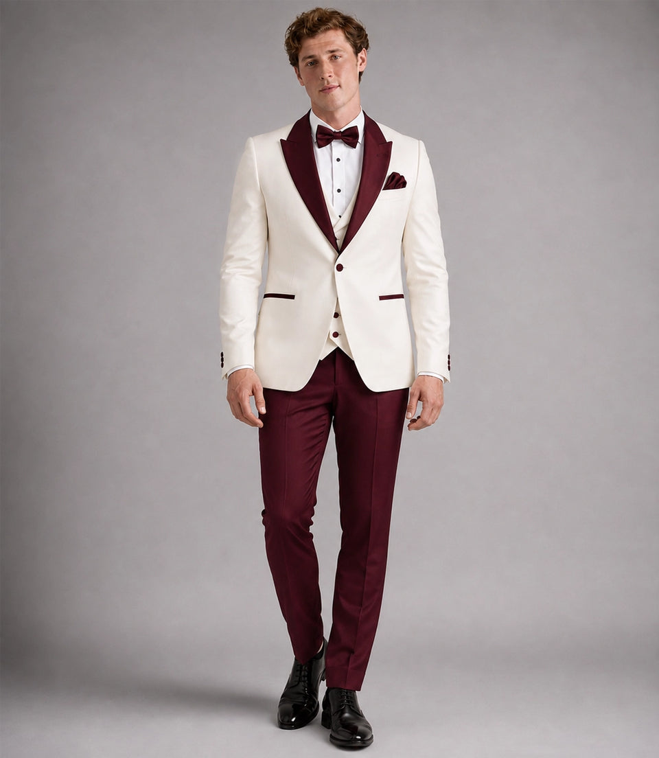Men's Ivory and Burgundy 3 Piece Wedding Tuxedo - Suit Heritage