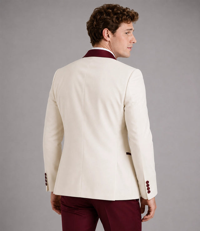 Men's Ivory and Burgundy 3 Piece Wedding Tuxedo Back - Suit Heritage