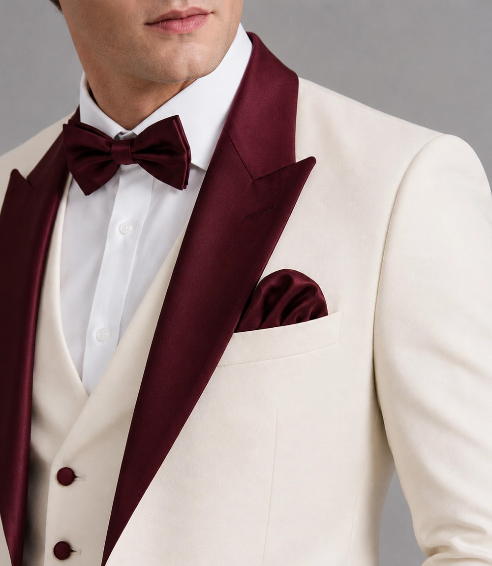 Men's Ivory and Burgundy 3 Piece Wedding Tuxedo Closeup - Suit Heritage
