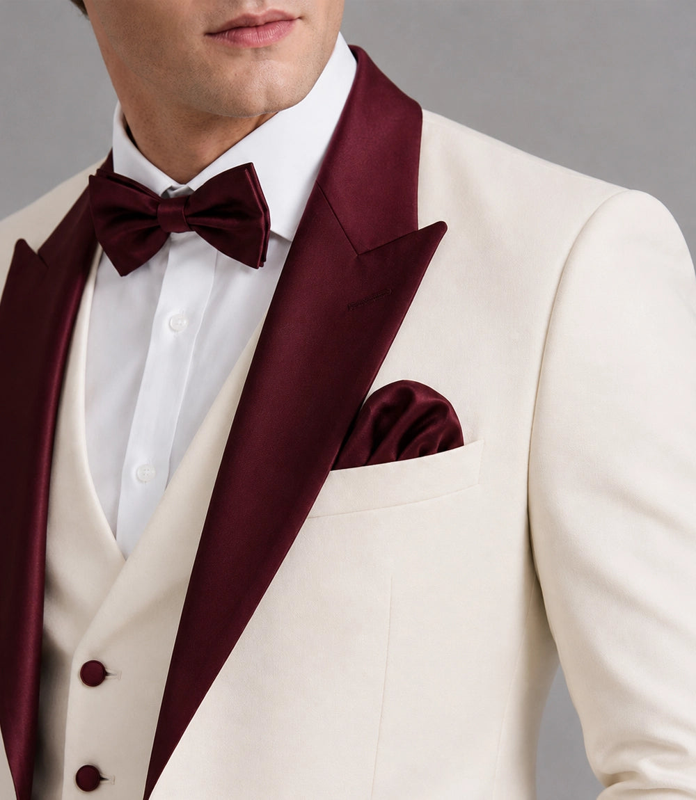 Men's Ivory and Burgundy 3 Piece Wedding Tuxedo Closeup - Suit Heritage