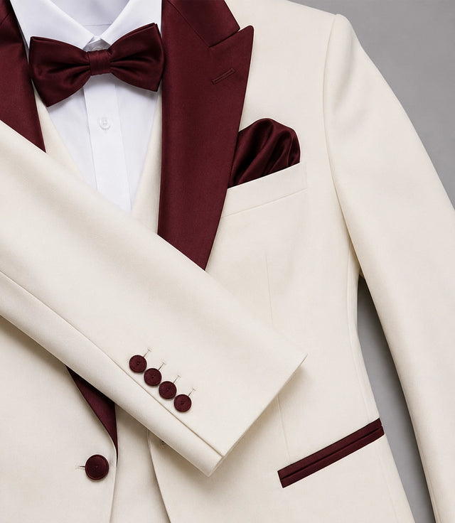 Men's Ivory and Burgundy 3 Piece Wedding Tuxedo Fabric  - Suit Heritage