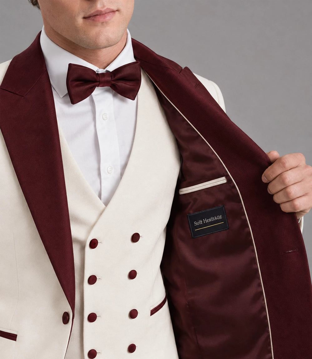 Men's Ivory and Burgundy 3 Piece Wedding Tuxedo Inner - Suit Heritage