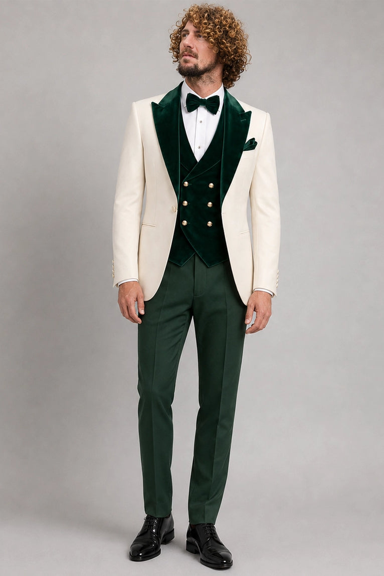 Men's Ivory and Green Velvet 3 Piece Wedding Suit - Suit Heritage