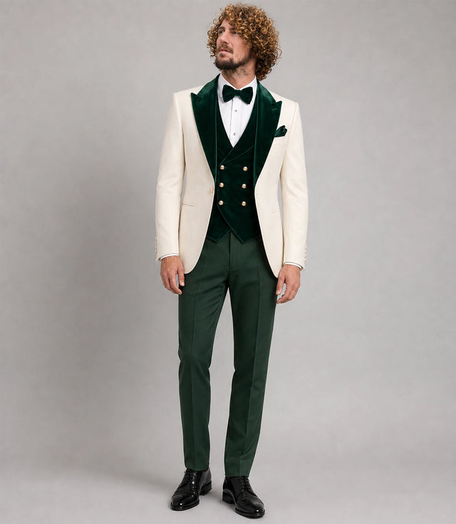 Men's Ivory and Green Velvet 3 Piece Wedding Suit - Suit Heritage