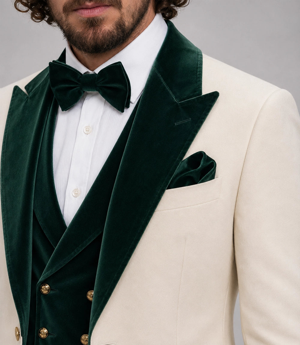 Men's Ivory and Green Velvet 3 Piece Wedding Suit Closeup - Suit Heritage