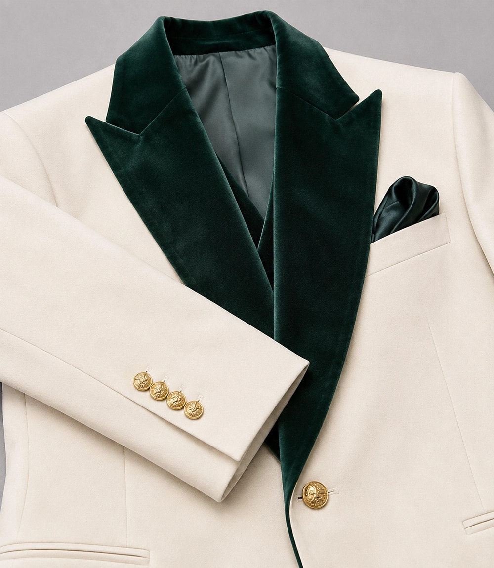 Men's Ivory and Green Velvet 3 Piece Wedding Suit Fabric - Suit Heritage