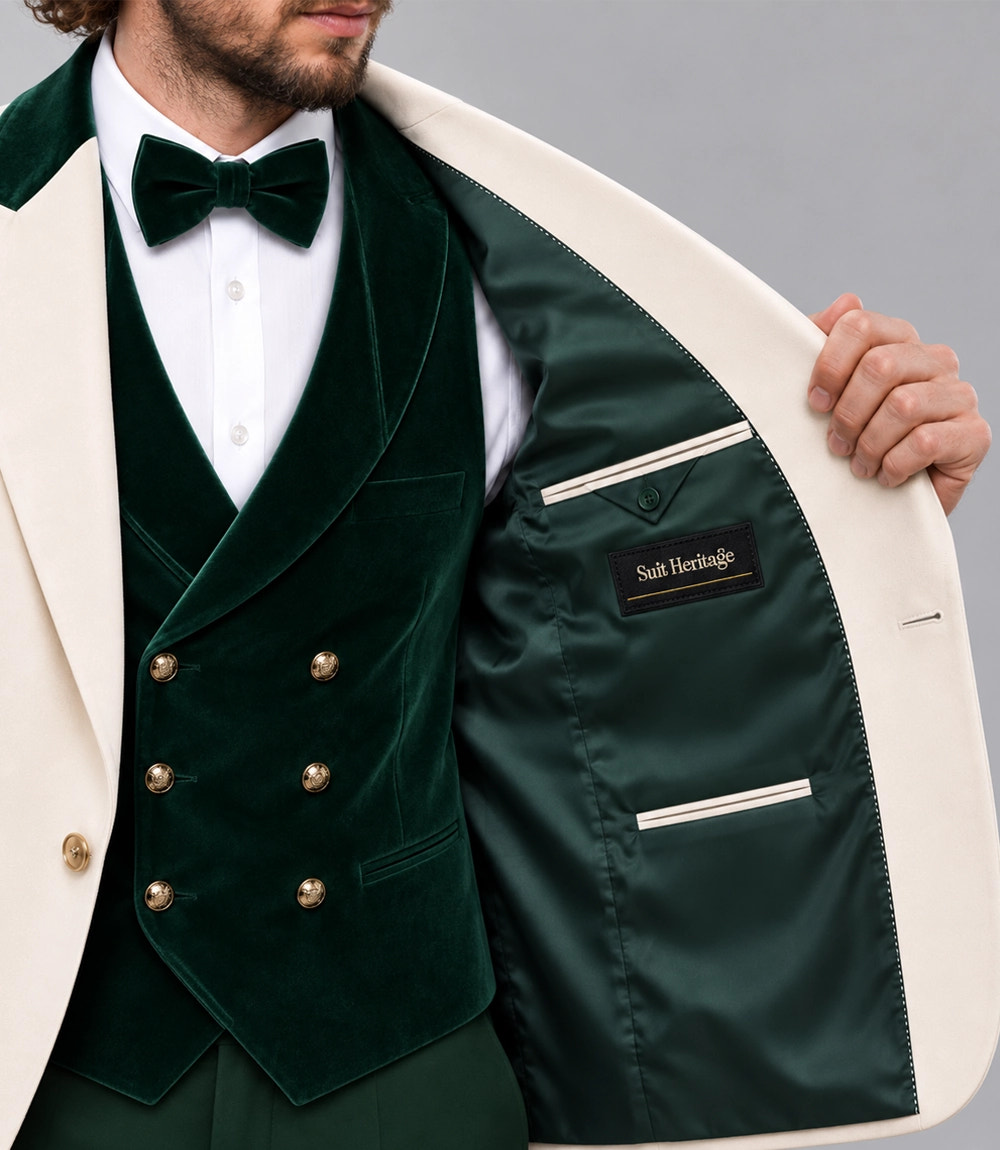 Men's Ivory and Green Velvet 3 Piece Wedding Suit Inner  - Suit Heritage