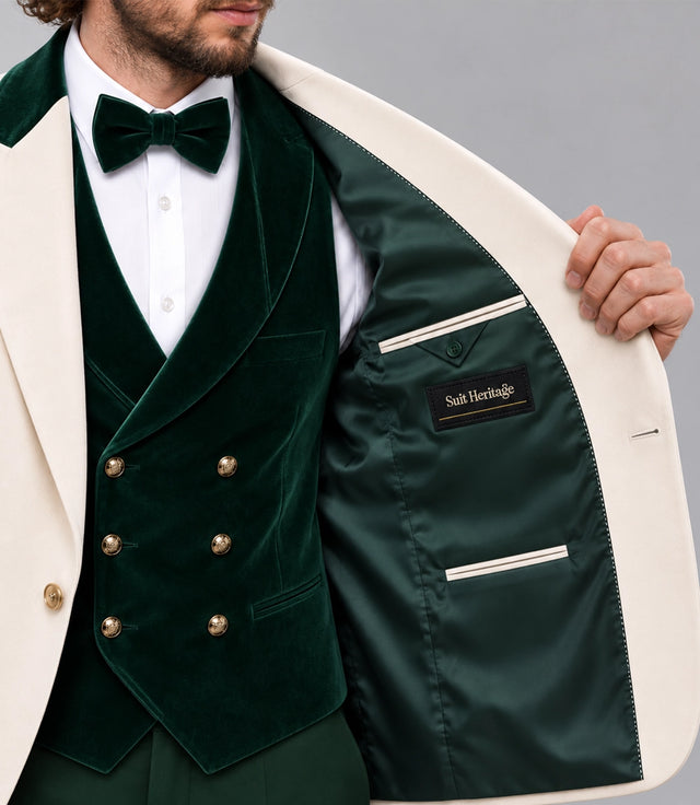Men's Ivory and Green Velvet 3 Piece Wedding Suit Inner  - Suit Heritage