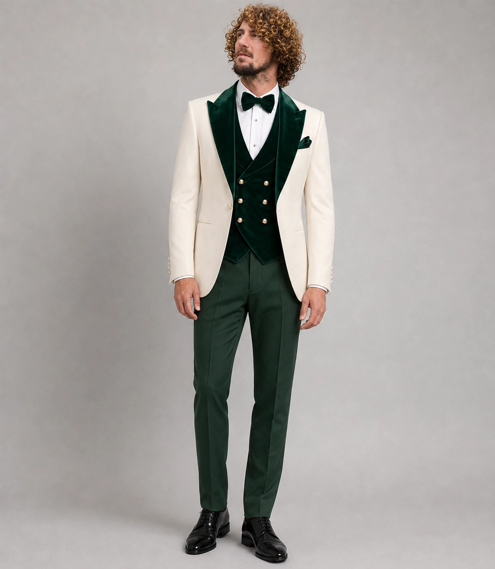 Men's Ivory and Green Velvet Tuxedo - Suit Heritage