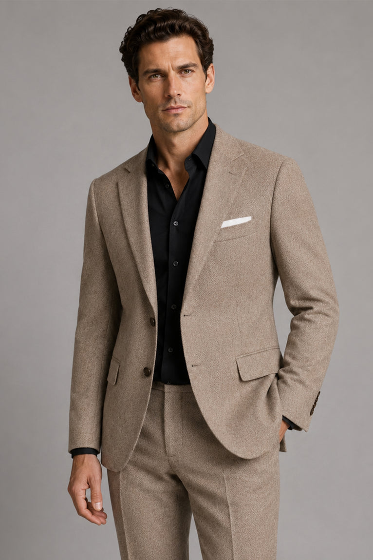 Men's Khaki Donegal Wool 2 Piece Suit Front - Suit Heritage