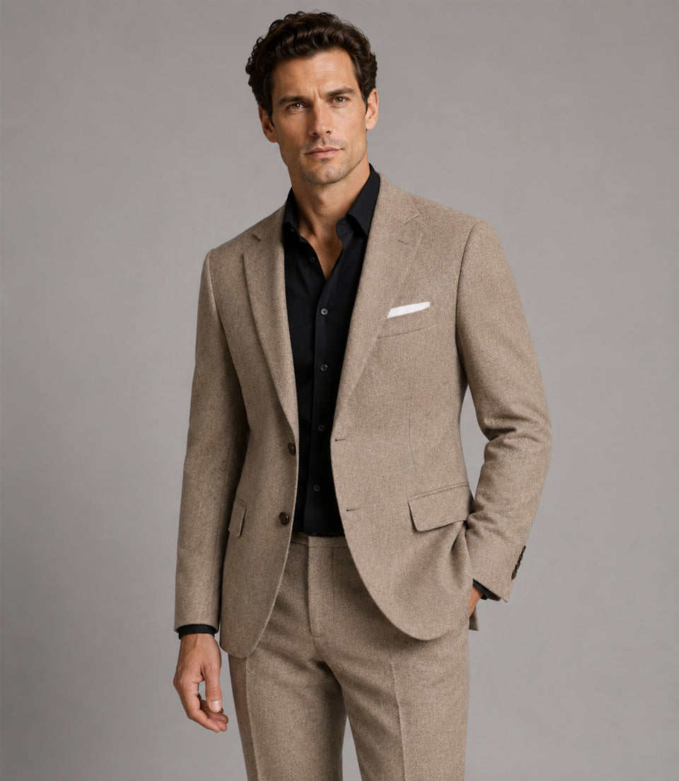 Men's Khaki Donegal Wool 2 Piece Suit Front - Suit Heritage