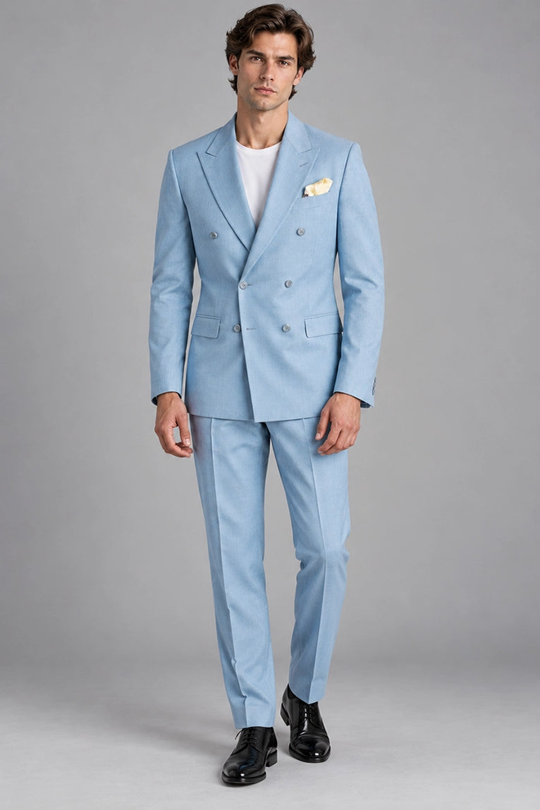 Men's Light Blue Cotton Double Breasted Suit -  Suit Heritage