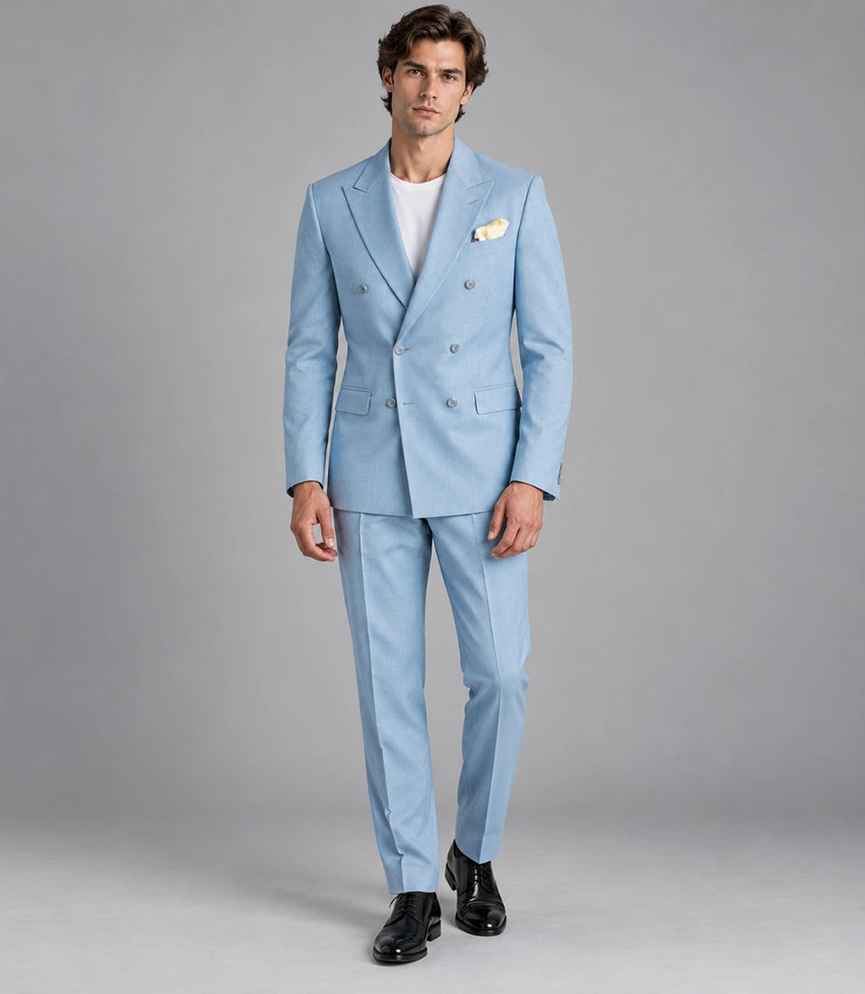 Men's Light Blue Cotton Double Breasted Suit -  Suit Heritage