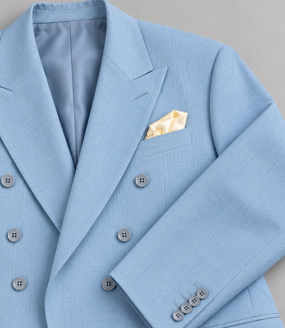 Men's Light Blue Cotton Double Breasted Suit Fabric  - Suit Heritage