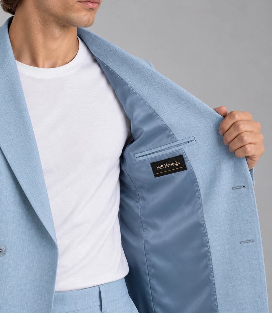 Men's Light Blue Cotton Double Breasted Suit Inner  -  Suit Heritage