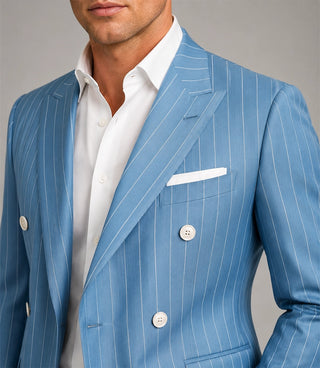 Men's Light Blue Pinstripe Double Breasted Suit Closeup - Suit Heritage
