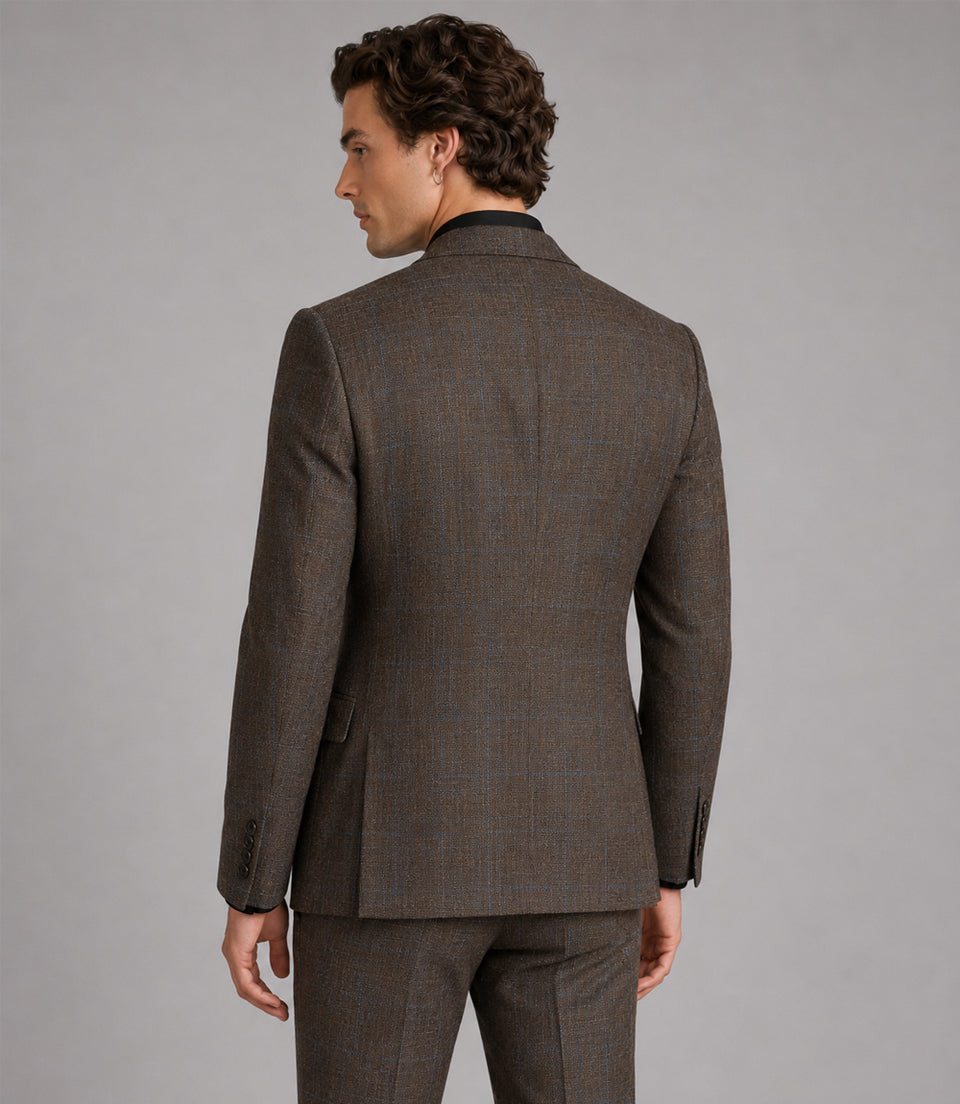 Men's Linen Plaid Brown 2 Piece Suit Back - Suit Heritage