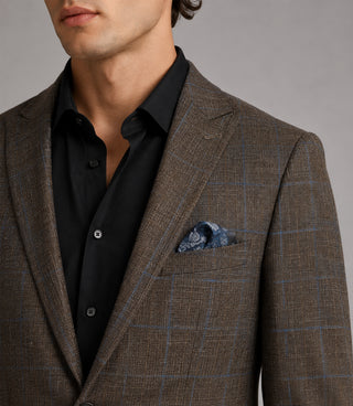 Men's Linen Plaid Brown 2 Piece Suit Closeup - Suit Heritage