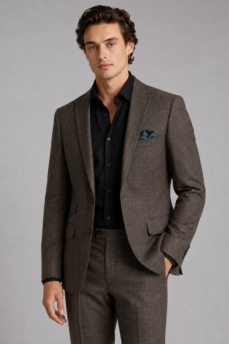 Men's Linen Plaid Brown 2 Piece Suit Front - Suit Heritage
