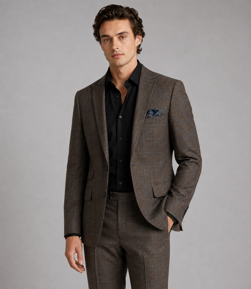 Men's Linen Plaid Brown 2 Piece Suit Front - Suit Heritage