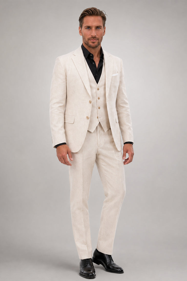 Men's Linen Solid Cream 3 Piece Suit - Suit Heritage