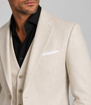 Men's Linen Solid Cream 3 Piece Suit Closeup - Suit Heritage