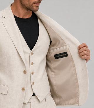 Men's Linen Solid Cream 3 Piece Suit Inner - Suit Heritage