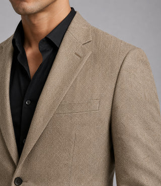 Men's Linen Textured Taupe Beige 2 Piece Suit Closeup - Suit Heritage