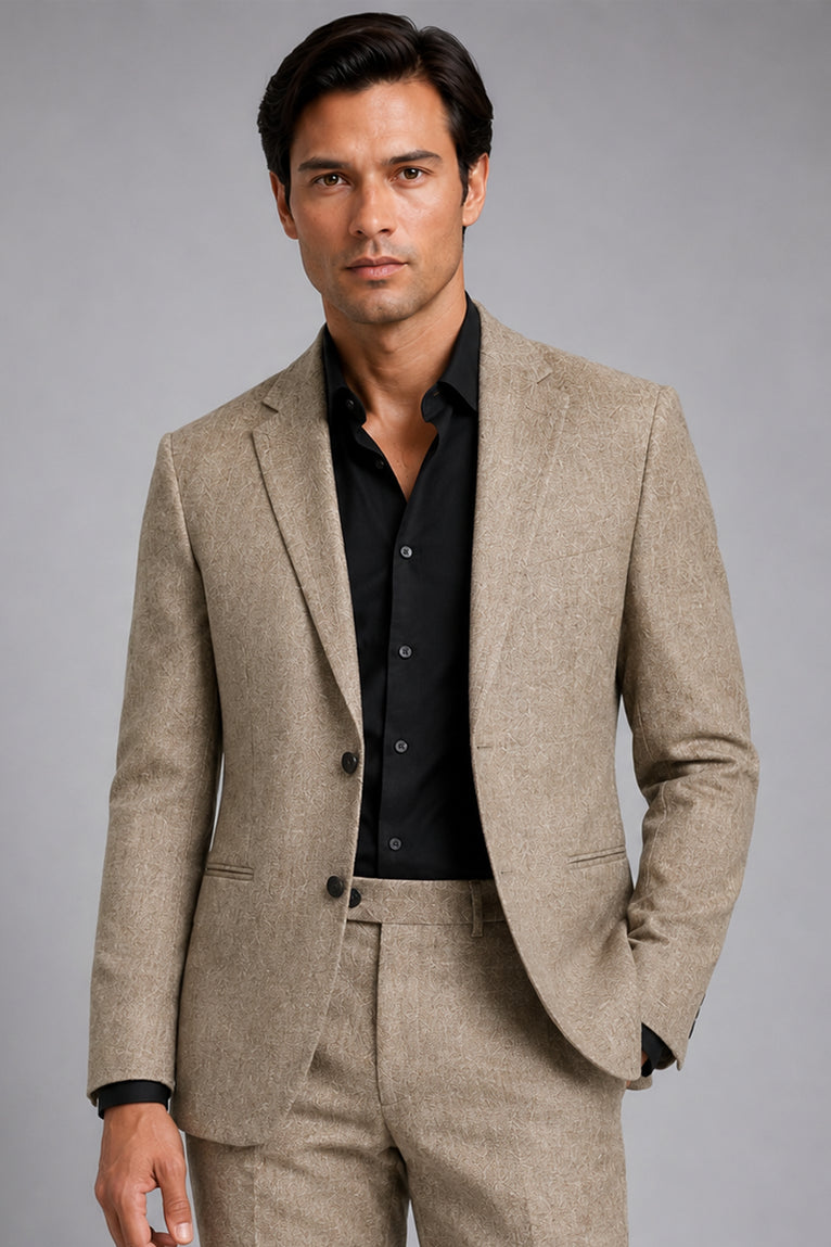 Men's Linen Textured Taupe Beige 2 Piece Suit Front - Suit Heritage