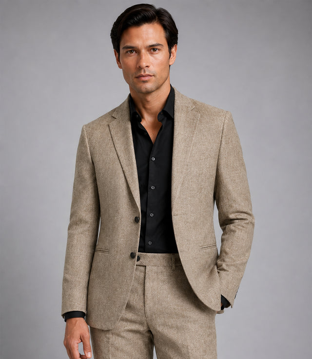 Men's Linen Textured Taupe Beige 2 Piece Suit Front - Suit Heritage