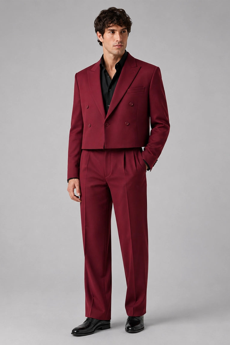 Men's Maroon Cropped Double Breasted Wedding Suit  - Suit Heritage