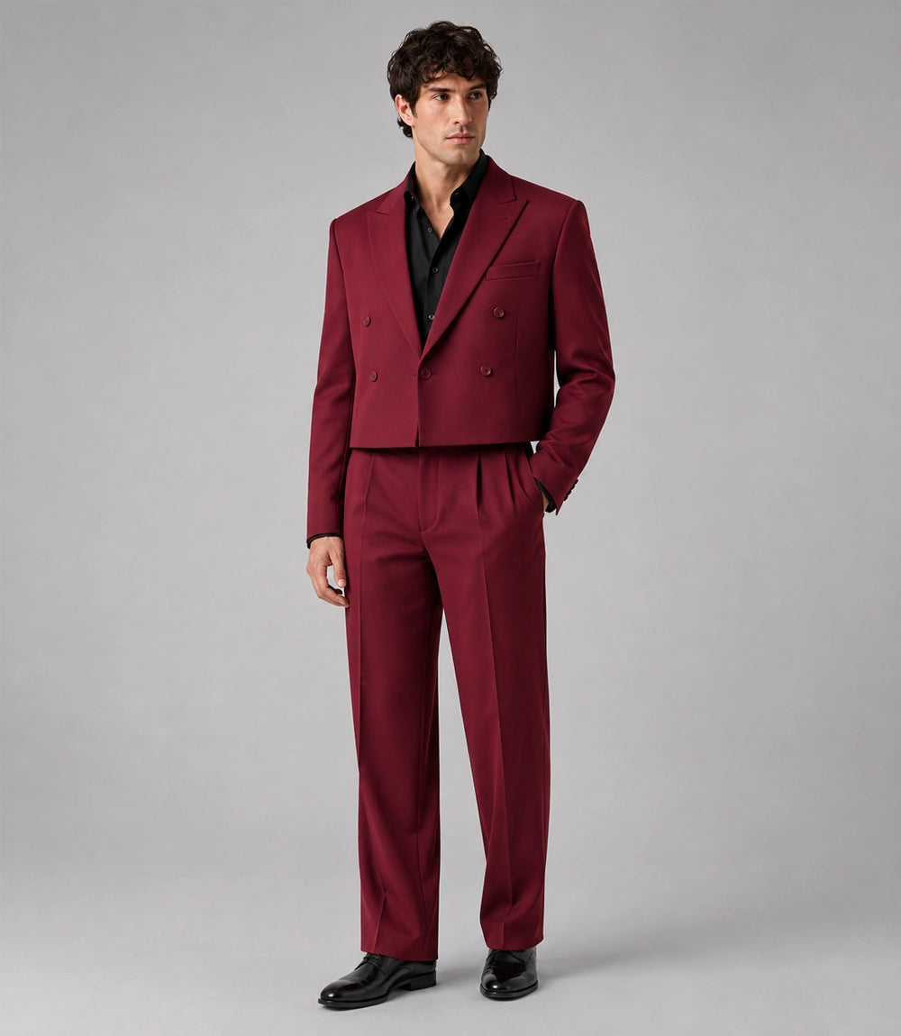 Men's Maroon Cropped Double Breasted Wedding Suit  - Suit Heritage