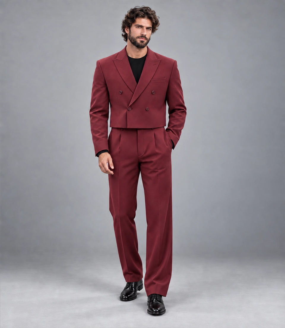 Men's Maroon Cropped Double Breasted Wedding Suit - Suit Heritage