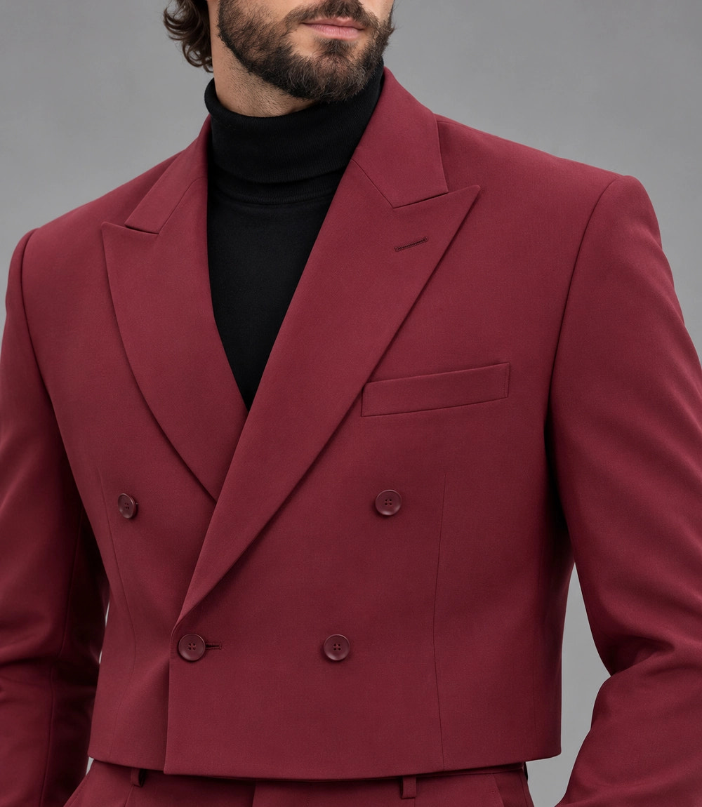 Men's Maroon Cropped Double Breasted Wedding Suit Closeup - Suit Heritage