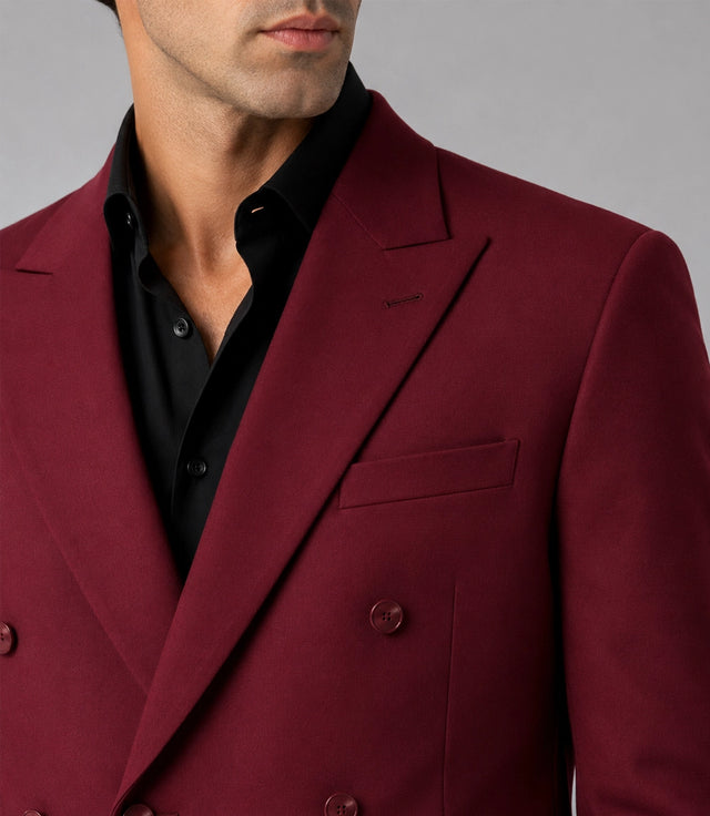 Men's Maroon Cropped Double Breasted Wedding Suit Closeup  - Suit Heritage
