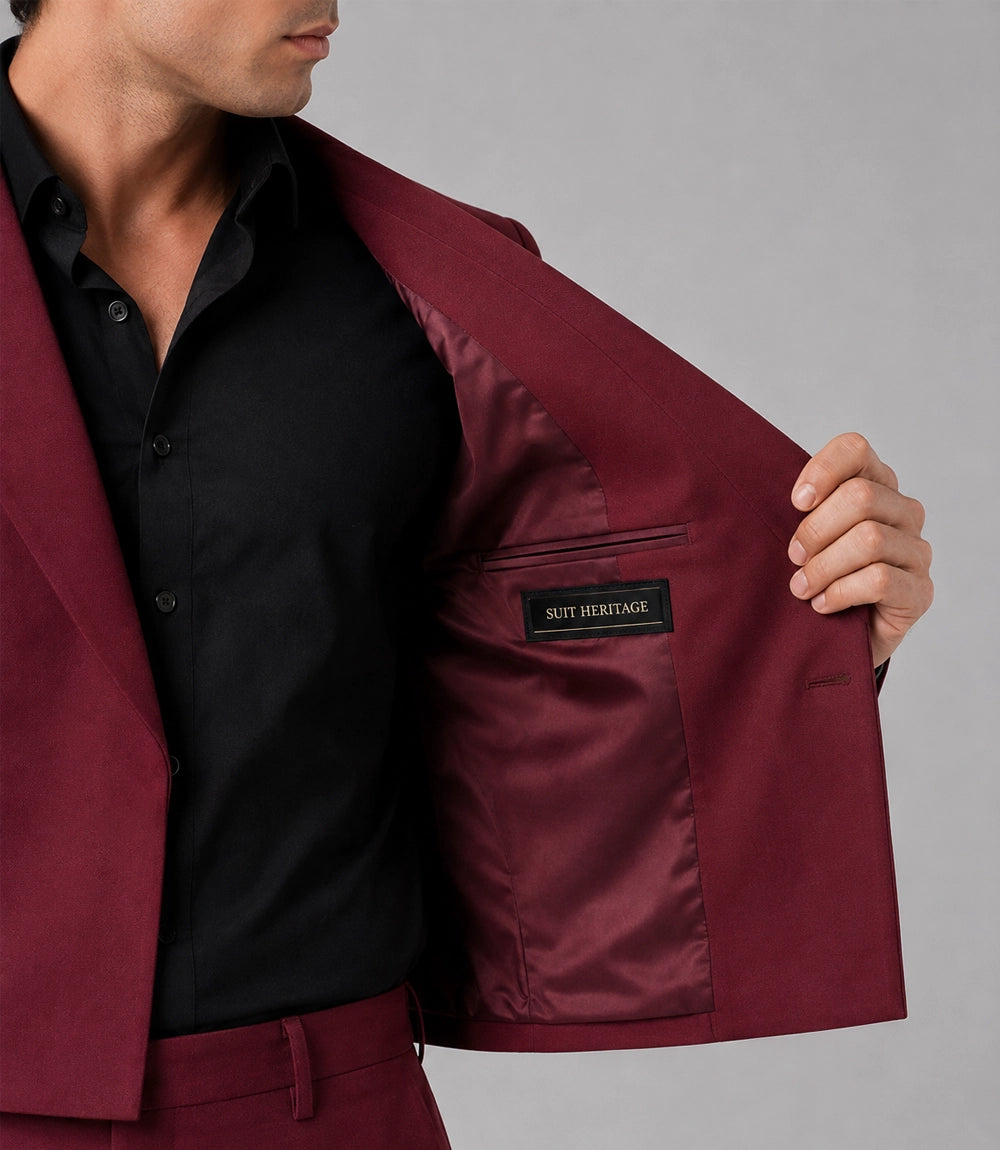 Men's Maroon Cropped Double Breasted Wedding Suit Inner - Suit Heritage